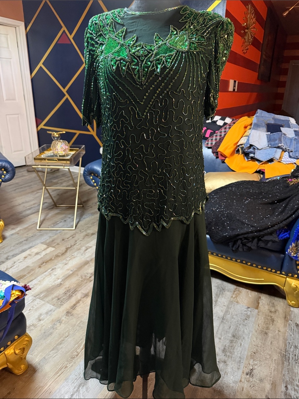 80’s Life & Style Fashion Emerald Green Evening Dress with Beaded Overlay